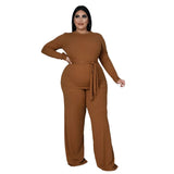 Plus Size Solid Color Rib Bandage Pant Suit: Elegant Long Sleeve Wide Leg Sets for Women