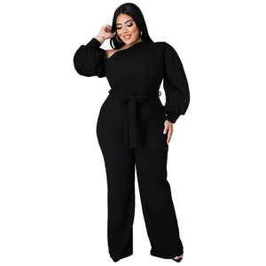 Chic Plus Size Jumpsuits: Sexy Slash Neck, Lantern Sleeves