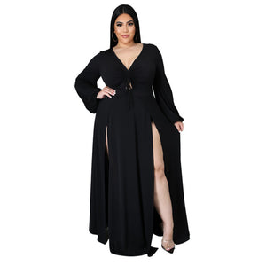 Plus Size Dresses: Lace-up V-neck Long Sleeve Dresses