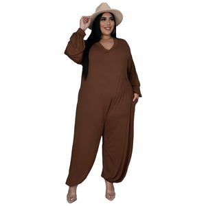 Plus Size V-Neck Solid One Piece Jumpsuits