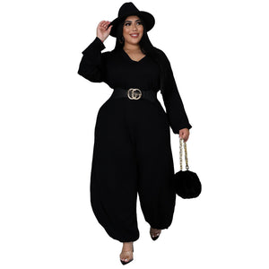 Plus Size V-Neck Solid One Piece Jumpsuits